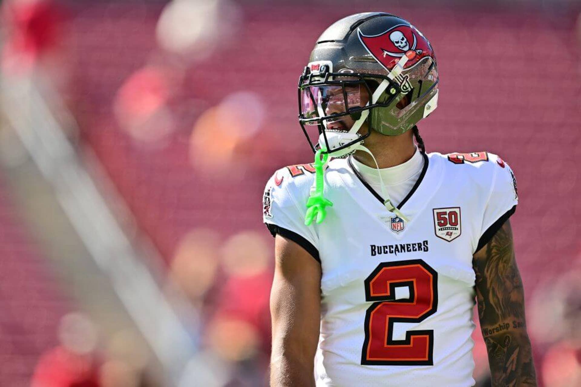 Emeka Egbuka #2 of the Tampa Bay Buccaneers looks on before the game against the San Francisco 49ers at Raymond James Stadium on October 12, 2025 in Tampa, Florida.