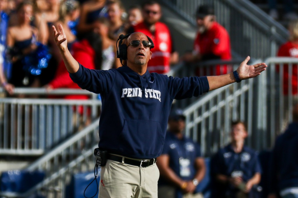 Head coach James Franklin of the Penn State Nittany Lions reacts after a play against the Northwestern Wildcats at Beaver Stadium on October 11, 2025 in State College, Pennsylvania.