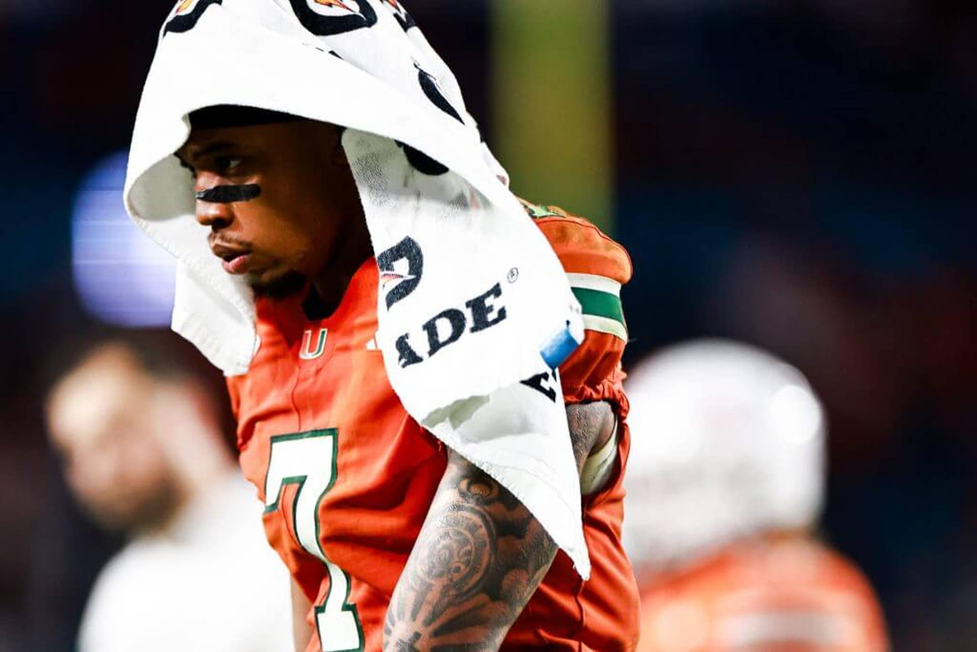 MIAMI GARDENS, FLORIDA - OCTOBER 17: CJ Daniels #7 of the Miami Hurricanes walks off the field following a loss to the Louisville Cardinals at Hard Rock Stadium on October 17, 2025 in Miami Gardens, Florida. (Photo by Carmen Mandato/Getty Images)