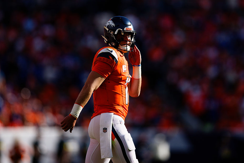 DENVER, CO - OCTOBER 19: Bo Nix #10 of the Denver Broncos walks off the field during the second quarter against the New York Giants at Empower Field at Mile High on October 19, 2025 in Denver, Colorado. (Photo by Justin Edmonds/Getty Images)
