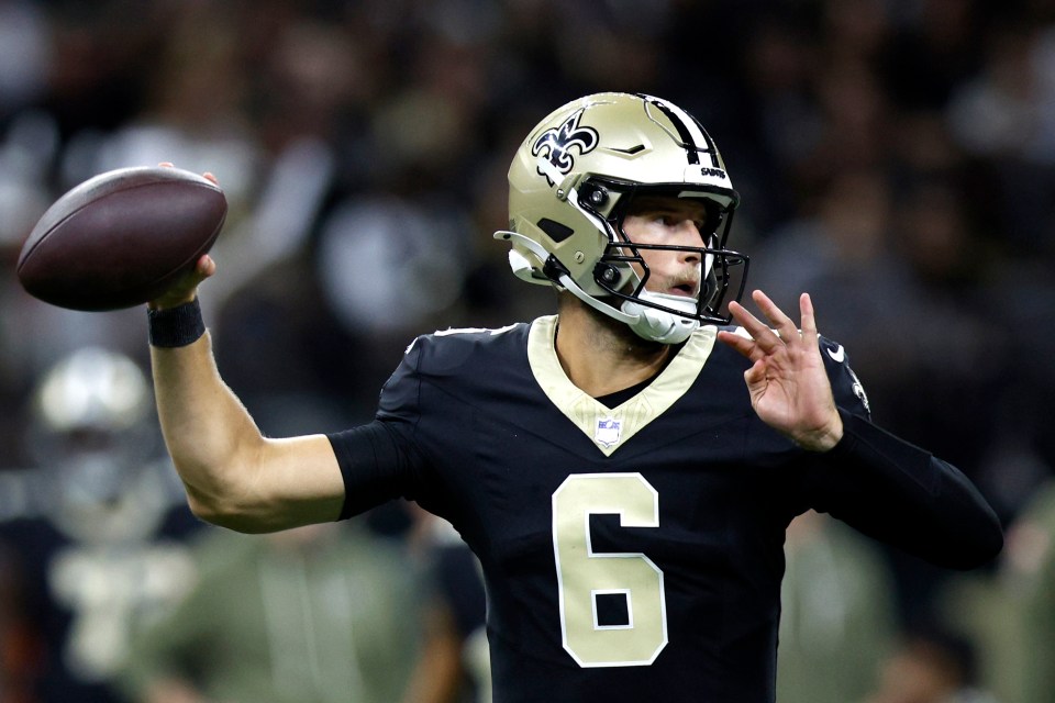 Tyler Shough #6 of the New Orleans Saints passes during an NFL 2025 game against the Tampa Bay Buccaneers