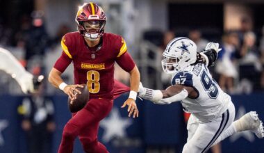 Washington Commanders quarterback Marcus Mariota scrambled away from Dallas Cowboys defensive tackle Osa Odighizuwa last Sunday in Arlington, Texas.