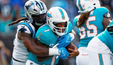 Miami Dolphins quarterback Tua Tagovailoa was sacked by Carolina Panthers linebacker Patrick Jones II in the second half Sunday in Charlotte, N.C.