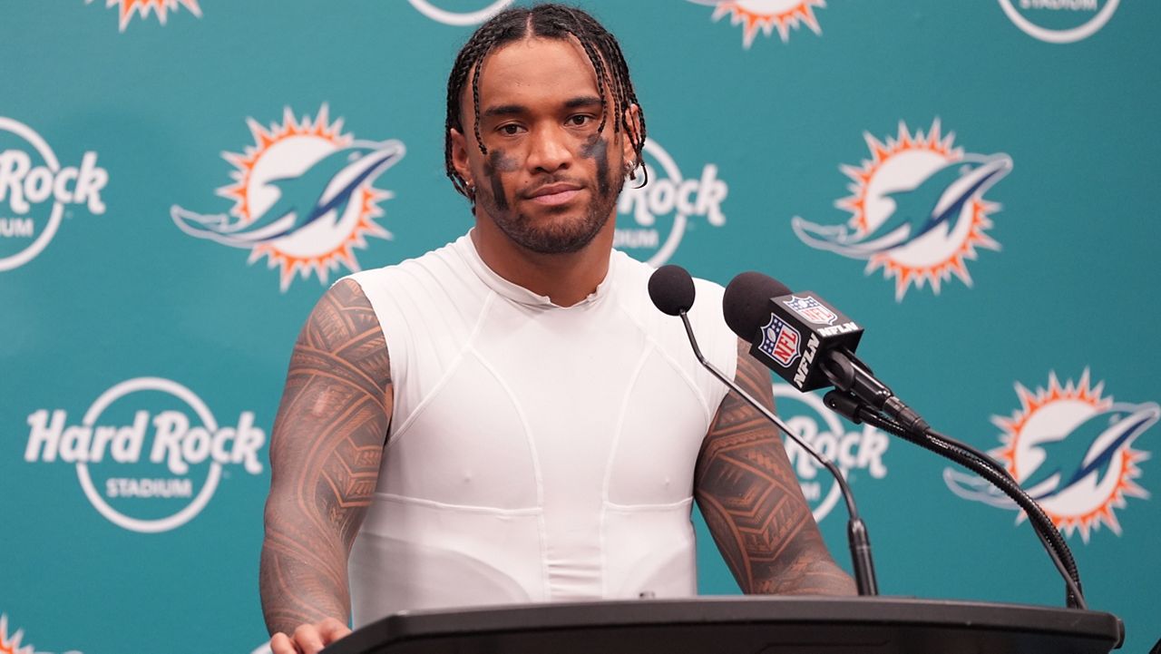 Miami Dolphins quarterback Tua Tagovailoa spoke at a news conference after the Los Angeles Chargers defeated the Dolphins 29-27 on Sunday.