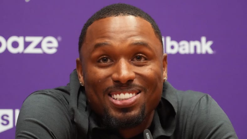 Isaiah Rodgers speaks at a press conference during a Vikings event in Dublin, Ireland.