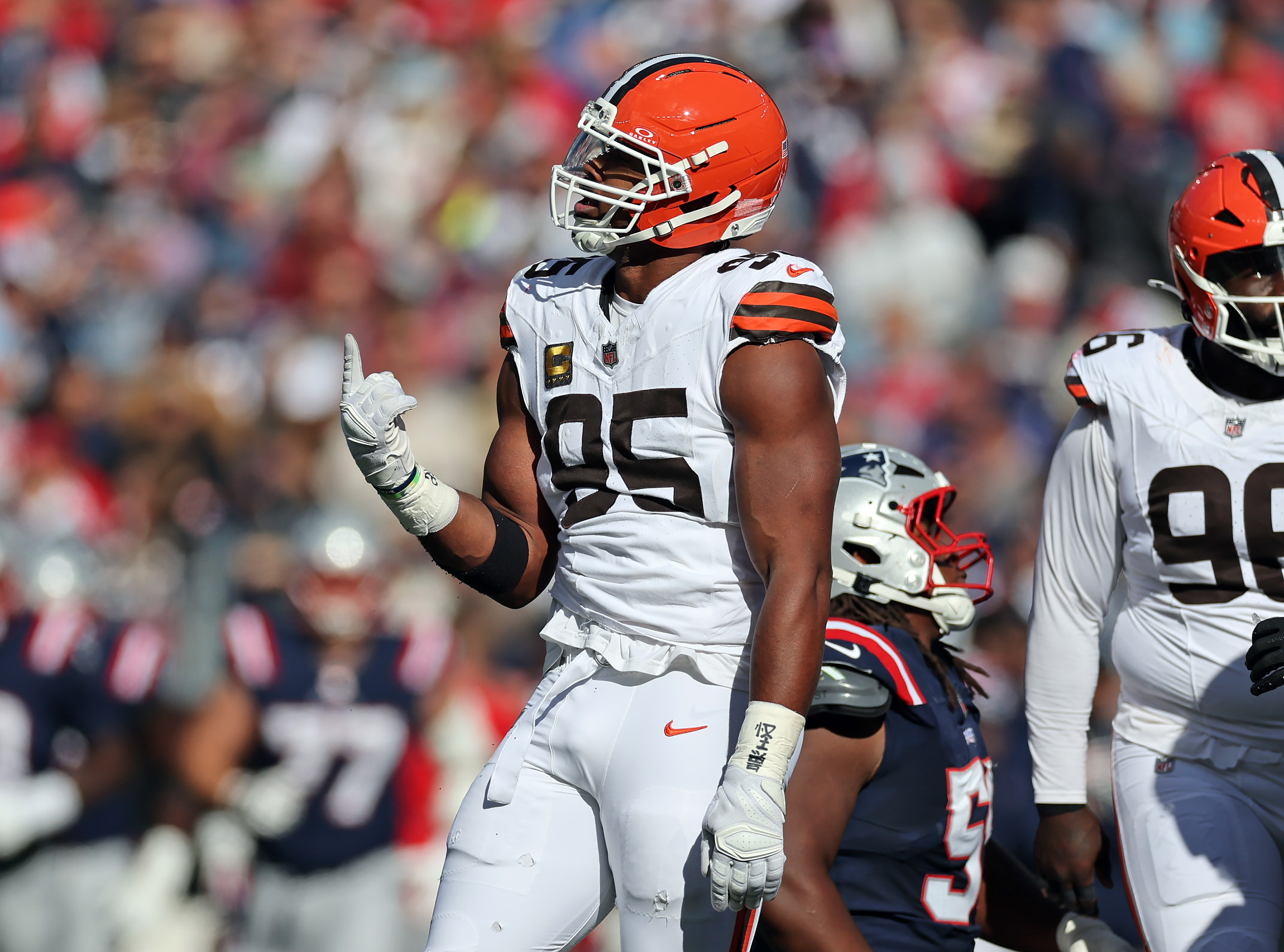 Cleveland Browns defensive end Myles Garrett reacts after his second sack of the game against the New England Patriots in the first half of play. 