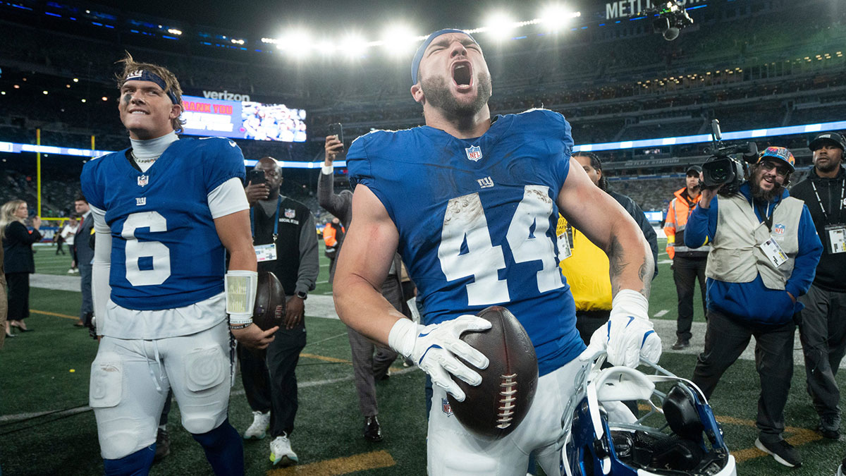 New York Giants running back Cam Skattebo (44) and New York Giants quarterback Jaxson Dart (6) walk off the field after winning a Thursday Night Football game between the New York Giants and the Philadelphia Eagles at MetLife Stadium in East Rutherford on Oct. 9, 2025.