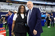 Dallas Cowboys owner Jerry Jones poses for a photo with FOX Sports sideline reporter Pam...