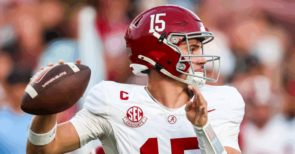 Oct 25, 2025; Columbia, South Carolina, USA; Alabama Crimson Tide quarterback Ty Simpson (15) passes against the South Carolina Gamecocks in the second half at Williams-Brice Stadium.