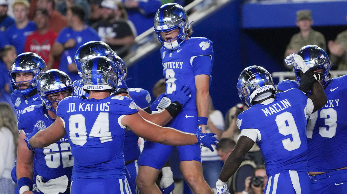 Kentucky’s Cutter Boley celebrates scoring a touchdown against Texas Saturday night at Kroger Field. Oct. 18, 2025