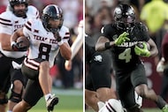 Texas Tech running back Cameron Dickey (left) and Texas A&M running back Rueben Owens II...