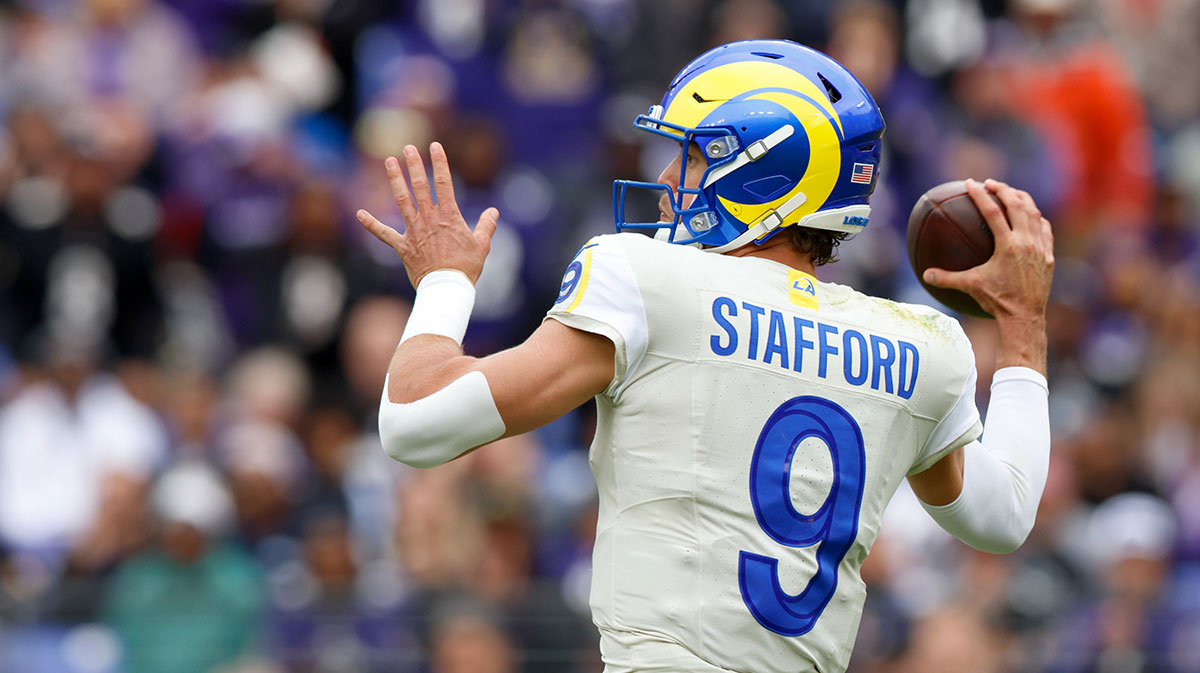 Los Angeles Rams quarterback Matthew Stafford (9) passes the ball against the Baltimore Ravens during the second quarter of the game at M&T Bank Stadium.