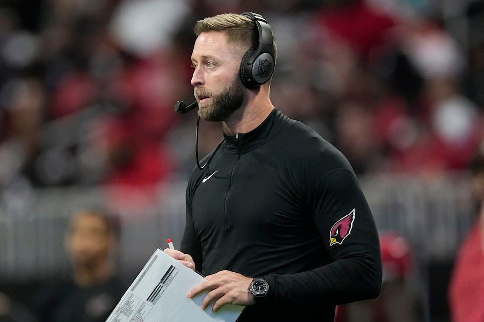 FILE - Arizona Cardinals head coach Kliff Kingsbury watches play against the Atlanta Falcons...