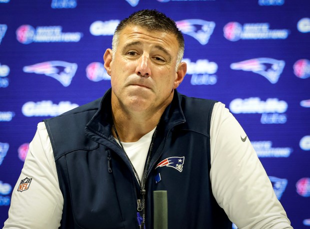 New England Patriots head coach Mike Vrabel during a press conference before a team practice, Wednesday, in Foxboroough. (Mark Stockwell/Boston Herald)