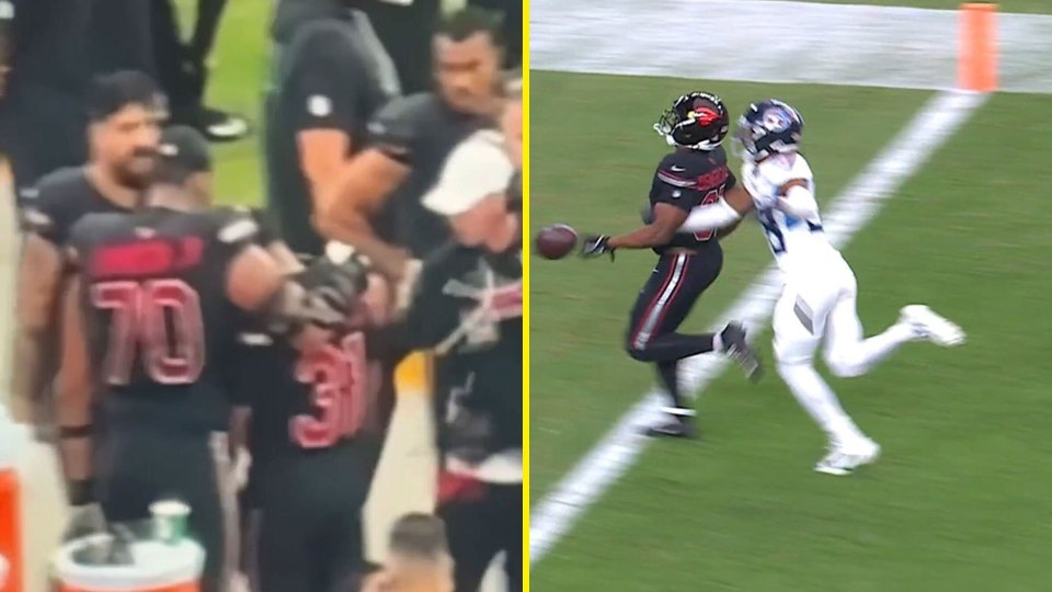 A twin image of Jonathan Ganon reacting to Emari Demecado on the left and Emari Demercado fumble on the right