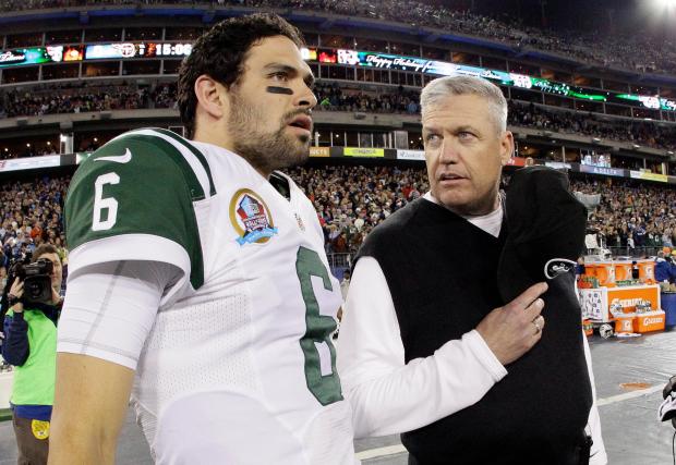 FILE – New York Jets head coach Rex Ryan, right,...