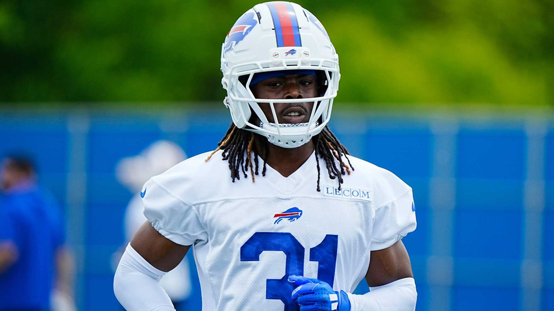 Buffalo Bills Maxwell Hairston jogs to another area of the field during voluntary workout at their practice facility