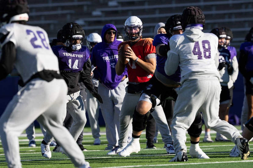 Tarleton State Texans quarterback Victor Gabalis (11) looks to throw the ball during...