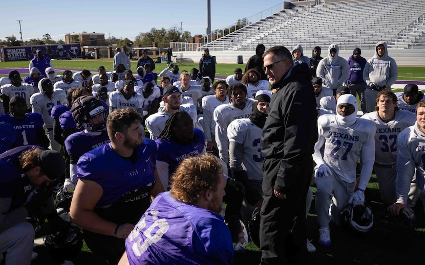Tarleton State Texans head coach Todd Whitten talks to his players at the end of practice at...