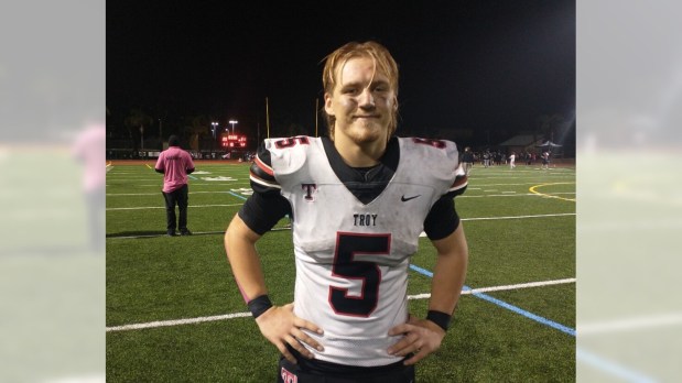 Troy's Ethan Mundt rushed for 184 yards and three touchdowns as the Warriors hung on to defeat Irvine, 21-20, in the Iota League on Friday, Oct. 24, 2025. (Photo by Martin Henderson)