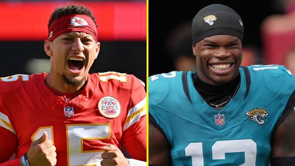 A spilt image of Patrick Mahomes and Traivs Huner