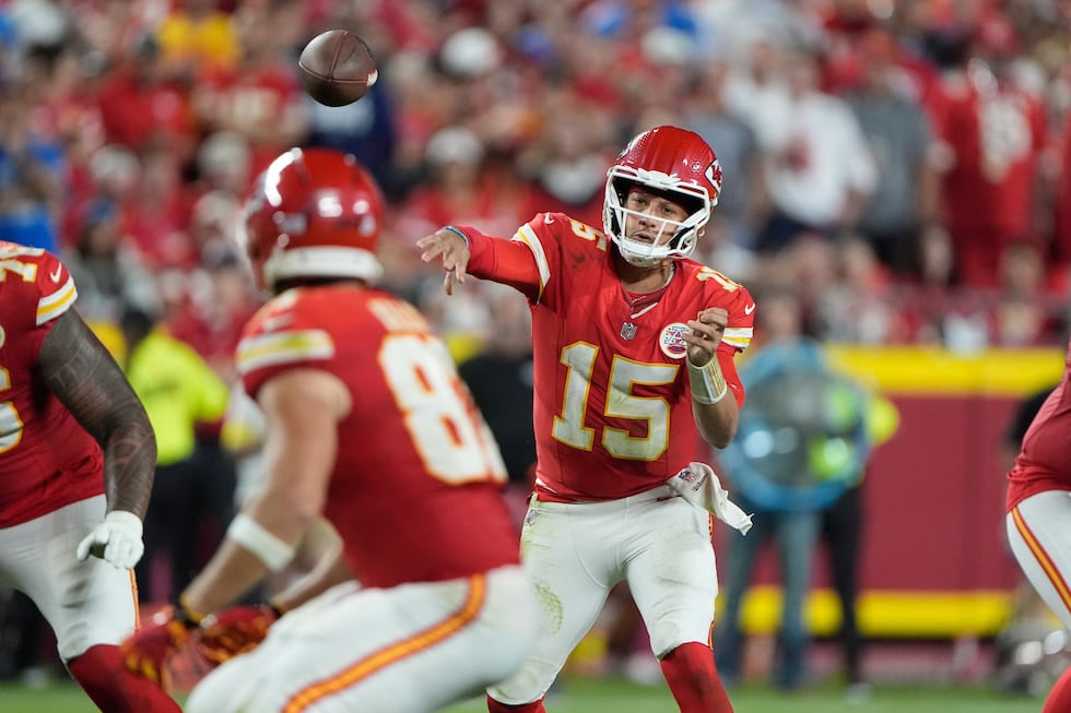 Kansas City Chiefs quarterback Patrick Mahomes throws during the second half of an NFL...