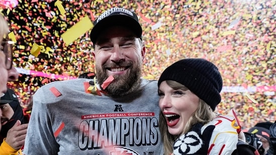 FILE - Travis Kelce, left, and Taylor Swift pose after the AFC Championship NFL football game against the Buffalo Bills, Jan. 26, 2025, in Kansas City, Mo. (AP Photo/Ashley Landis, File)(AP)