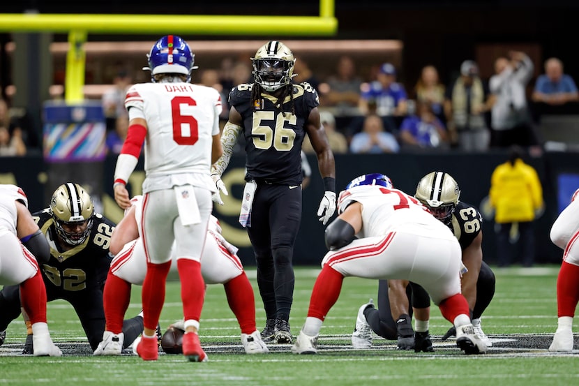 New Orleans Saints outside linebacker Demario Davis (56) defends during an NFL football game...