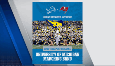 Michigan marching band performs at Detroit Lions-Buccaneers Monday Night Football halftime show