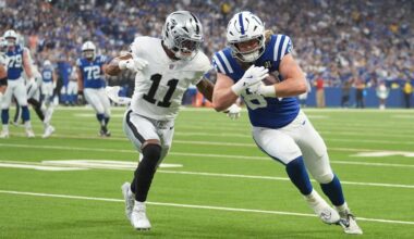 Indianapolis Colts tight end Tyler Warren (84) goes in for a touchdown against Las Vegas Raiders sa...