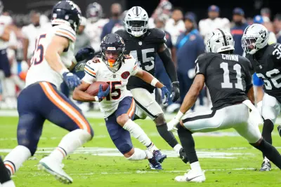 Sep 28, 2025; Paradise, Nevada, USA; Chicago Bears wide receiver Rome Odunze (15) runs the ball during the second half against Las Vegas Raiders at Allegiant Stadium.