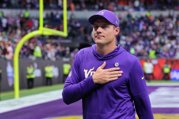 Minnesota Vikings head coach Kevin O'Connell leaves the field after a win over the Cleveland Browns in an NFL football game in London, Sunday, Oct. 5, 2025. (Adam Bettcher/AP Content Services for the NFL)