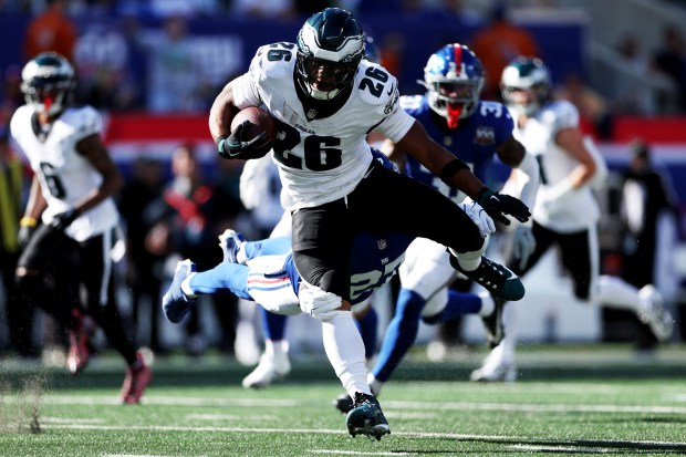 Saquon Barkley #26 of the Philadelphia Eagles in action against the New York Giants at MetLife Stadium on Oct. 20, 2024 in East Rutherford, New Jersey. (Photo by Luke Hales/Getty Images)