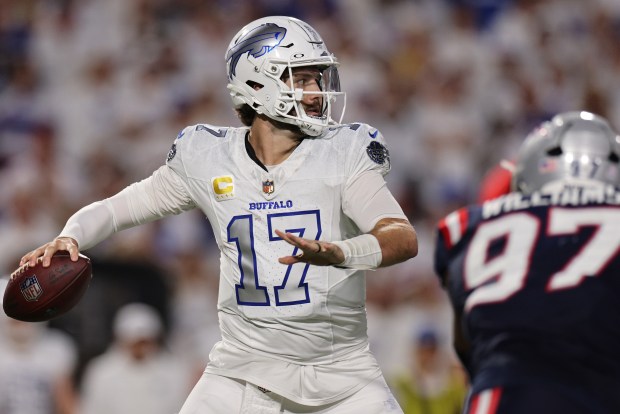 Josh Allen #17 of the Buffalo Bills makes a pass during the third quarter of the game against the New England Patriots at Highmark Stadium on Oct. 05, 2025 in Orchard Park, New York. (Photo by Bryan M. Bennett/Getty Images)