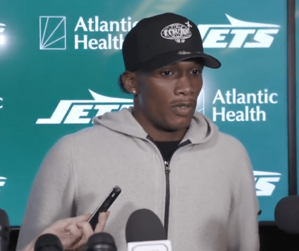 Garrett Wilson speaks to the media after the Jets-Cowboys game on Oct. 5, 2025. 
