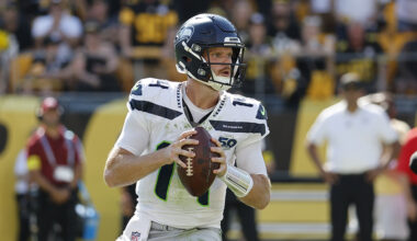 Seattle Seahawks Sam Darnold looks downfield Pittsburgh Steelers 2025...