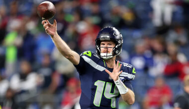Seattle Seahawks Sam Darnold throws pass Houston Texans 2025...