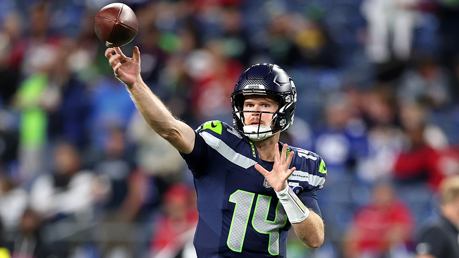 Seattle Seahawks Sam Darnold throws pass Houston Texans 2025...