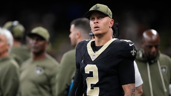 New Orleans Saints quarterback Spencer Rattler (2) looks on from the sideline after being taken out.(AP)