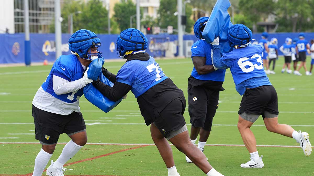 Los Angeles Rams offensive linemen (from left) Steve Avila (73), Warren McClendon Jr. (71), Kevin Dotson (69) and Dylan McMahon (63) participate in drills during organized team activities at Rams Practice Facility. 