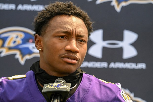 Baltimore Ravens wide receiver Zay Flowers speaks to the media after OTAs on Tuesday at the Under Armour Performance Center. (Kevin Richardson/Staff)