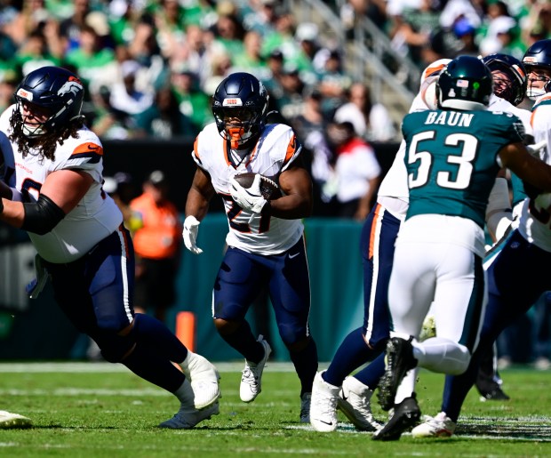 Denver Broncos running back J.K. Dobbins (27) finds running room against the Philadelphia Eagles in the first quarter at Lincoln Financial Field in Philadelphia, Pennsylvania, on Sunday, Oct. 5, 2025. (Photo by Andy Cross/The Denver Post)