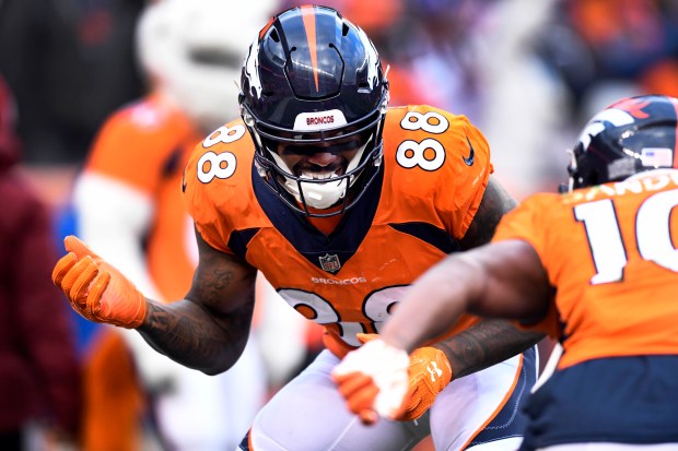 Wide receiver Demaryius Thomas (88) of the Denver Broncos celebrates a touchdown with wide receiver Emmanuel Sanders (10) during a game against the Los Angeles Rams on Sunday, Oct. 14 at Broncos Stadium at Mile High in Denver. (Photo by Eric Lutzens/The Denver Post)
