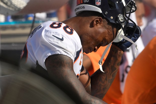 Denver Broncos wide receiver Demaryius Thomas (88) sits on the sidelines as time runs down in their loss to the Buffalo Bills at New Era Stadium, Orchard Park, NY, on Sept 24, 2017. (Photo by Joe Amon/The Denver Post)