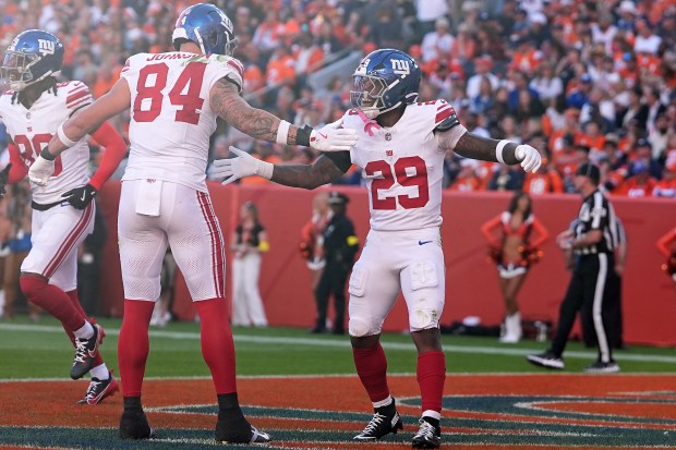 New York Giants running back Tyrone Tracy Jr. (29) is...