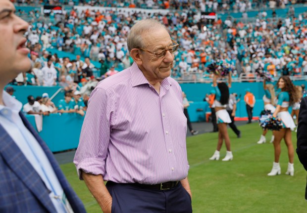 Miami Dolphins owner Stephen Ross reacts as the Los Angeles...