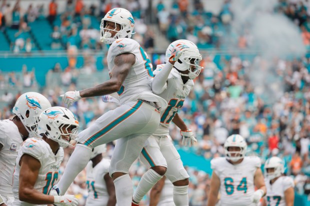 Miami Dolphins tight end Darren Waller and Miami Dolphins wide...