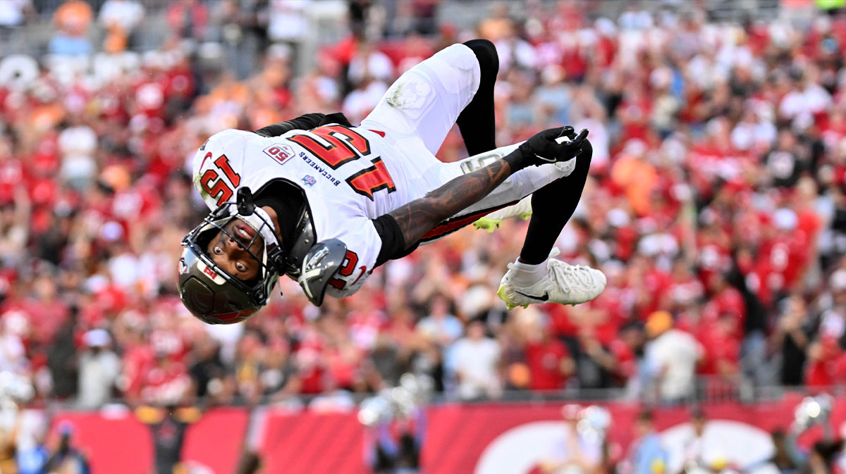 Tampa Bay Buccaneers wide receiver Tez Johnson (15) reacts during the third quarter against the San Francisco 49ers at Raymond James Stadium.