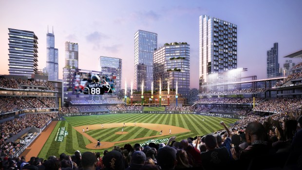 A conceptual rendering of The 78 neighborhood, including a potential new Chicago White Sox ballpark. (Related Midwest)