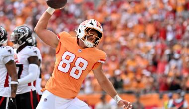 Oct 27, 2024; Tampa, Florida, USA; Tampa Bay Buccaneers tight end Cade Otton (88) spikes the ball after scoring a touchdown in the first half against the Atlanta Falcons at Raymond James Stadium. Mandatory Credit: Jonathan Dyer-Imagn Images